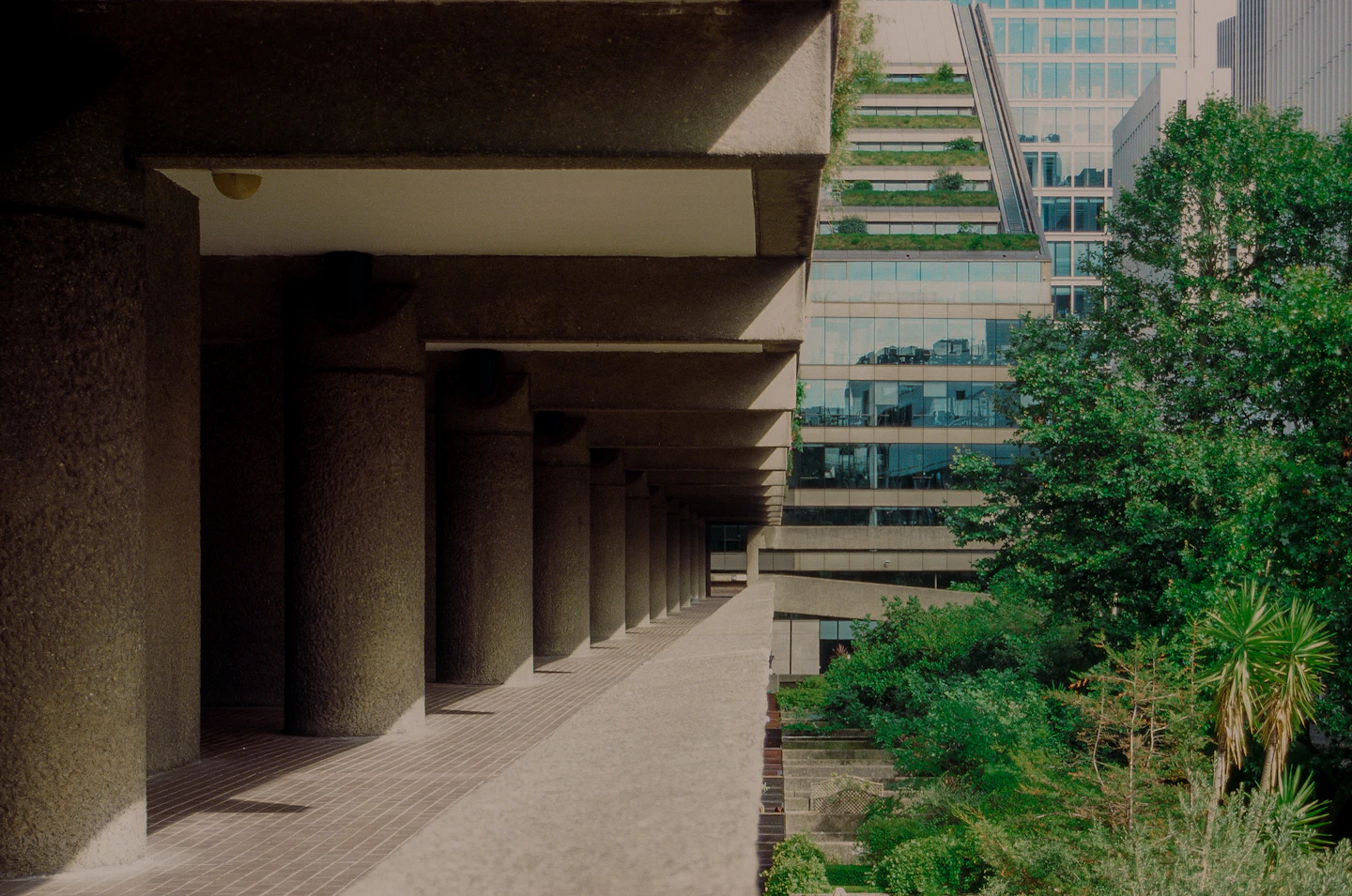 Landscaped walkways and layered architecture at the Barbican, London